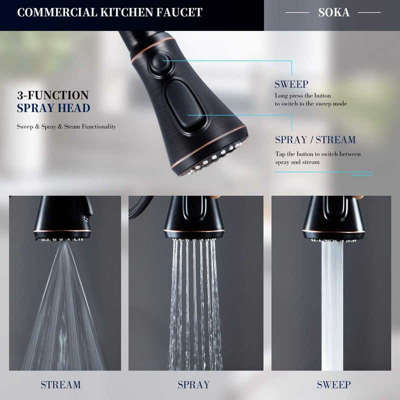 SOKA Pull Down Kitchen Faucet with Sprayer High Arc Aquablade Sweep, Stream & Spray Three Working Modes Fit for 1 & 3 Hole - Image 4